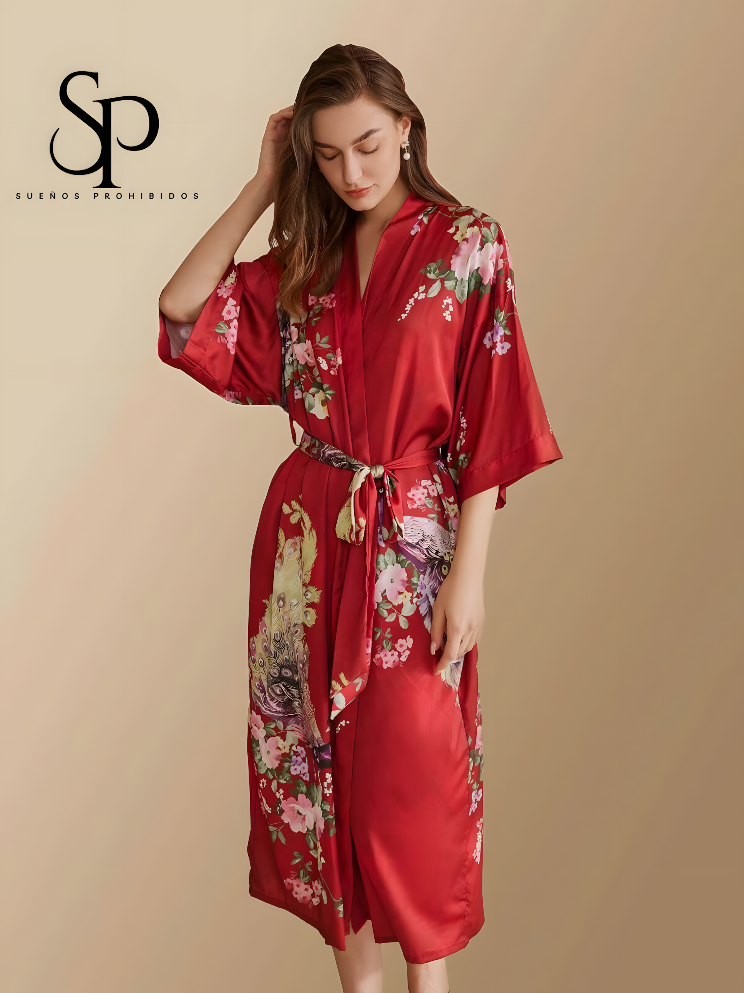 Kimono Rojo Pavo Real